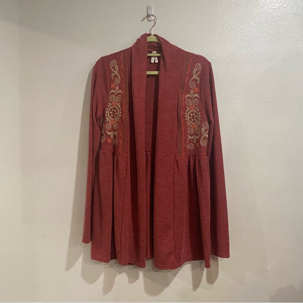 Roper Dust Red Embroidered Open Front Cardigan Sz M